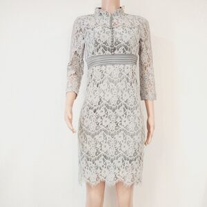 Metisu Grey Hollow Out Lace Dress 3/4 Sleeves Buttons Cocktail Lined Size XS